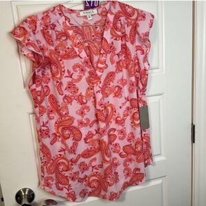 Chaus Orange and White Ruffled Cap Sleeve Blouse